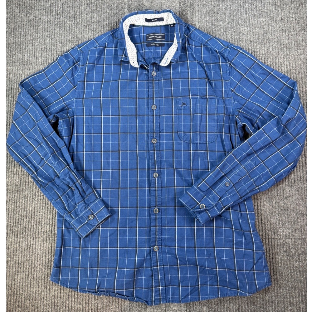 John Miller Slim Fit Blue Windowpane Check Cotton Linen Shirt Mens 40cm